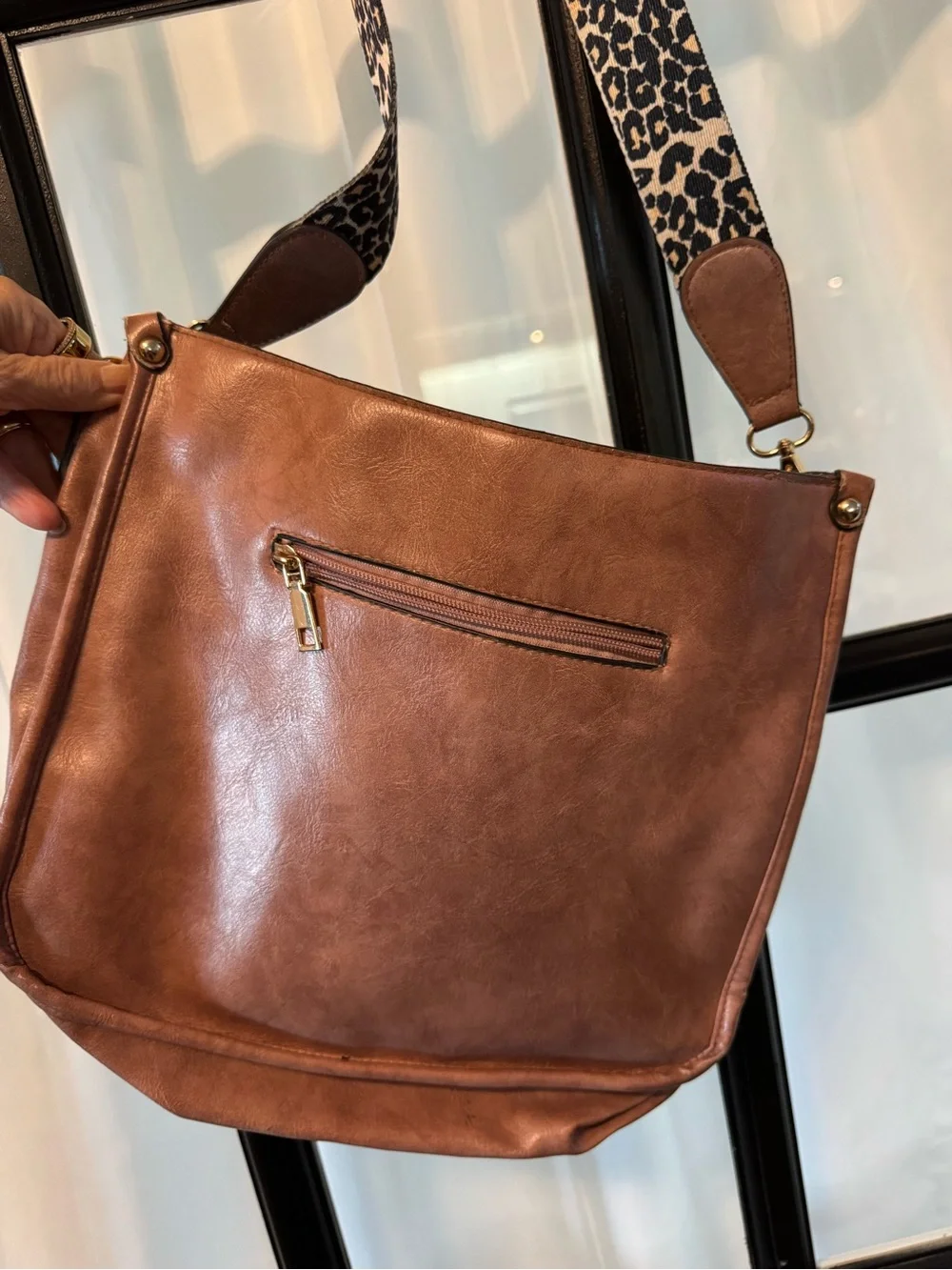 Brown Leather Crossbody Bag with Leopard Strap